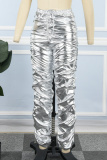 Silver Casual Solid Fold Skinny Mid Waist Conventional Solid Color Trousers
