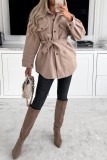Khaki Casual Solid With Belt Turndown Collar Outerwear
