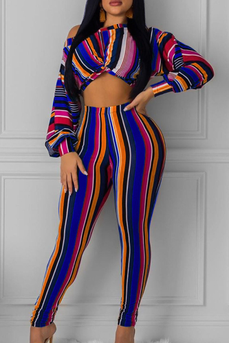 Blue Casual Striped Patchwork O Neck Long Sleeve Two Pieces