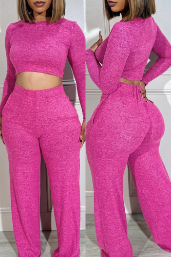 Rose Red Casual Solid Basic O Neck Long Sleeve Two Pieces