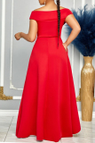 Red Daily Celebrities Elegant Patchwork Flounce Solid Color V Neck Asymmetrical Dresses