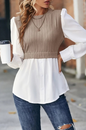 Khaki Celebrities Elegant Patchwork Contrast O Neck Tops