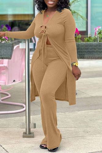 Khaki Sexy Solid Bandage Patchwork V Neck Long Sleeve Two Pieces
