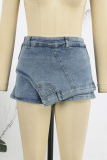 Deep Blue Casual Street Solid Patchwork Pocket Mid Waist Skinny Denim Shorts