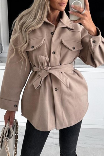 Khaki Casual Solid With Belt Turndown Collar Outerwear