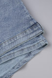 Deep Blue Casual Street Solid Patchwork Pocket Mid Waist Skinny Denim Shorts
