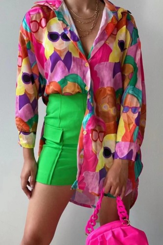 Red Casual Print Patchwork Shirt Collar Tops