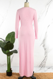 Pink Casual Hollowed Out O Neck Long Sleeve Dresses