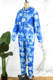Blue Casual Print Basic Hooded Collar Long Sleeve Two Pieces