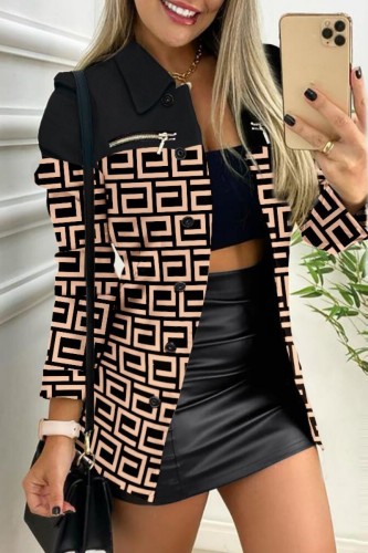 Black khaki Casual Print Patchwork Turndown Collar Outerwear