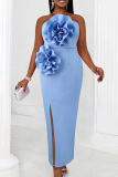 Sky Blue Sexy Formal Solid Patchwork Backless Slit Strapless Evening Dress Dresses