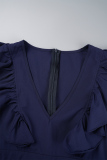 Navy Blue Casual Sweet Daily Simplicity Solid Color Stringy Selvedge V Neck Regular Rompers
