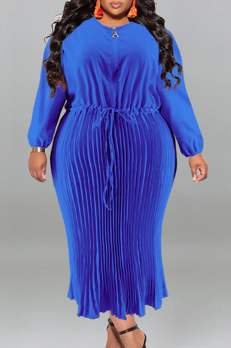 Blue Casual Street Solid Patchwork Draw String Zipper Pleated O Neck Long Sleeve Plus Size Dresses