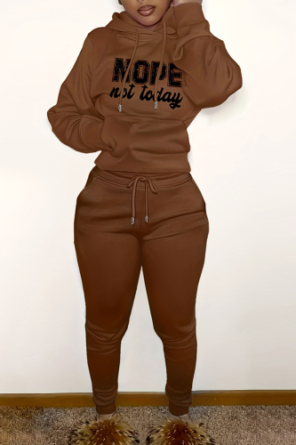 Brown Casual Letter Patchwork Draw String Pocket Hooded Collar Long Sleeve Two Pieces