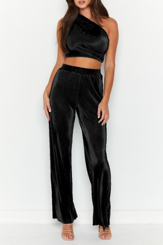 Black Sexy Simplicity Solid Oblique Collar Sleeveless Two Pieces