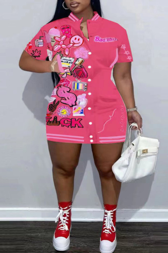 Pink Casual Print Patchwork O Neck Short Sleeve Dress Plus Size Dresses