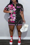 Pink Casual Print Patchwork O Neck Short Sleeve Dress Plus Size Dresses