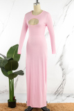 Pink Casual Hollowed Out O Neck Long Sleeve Dresses