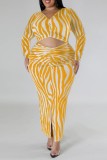 Yellow Casual Print Hollowed Out Slit U Neck Long Sleeve Plus Size Dresses
