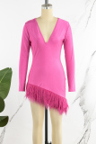 Rose Red Casual Solid Patchwork Feathers V Neck Long Sleeve Dresses