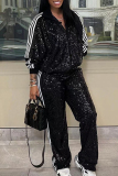 Silver White Casual Solid Sequins Patchwork Zipper Turndown Collar Long Sleeve Two Pieces