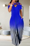 Blue Casual Print Hollowed Out V Neck Long Dress Dresses