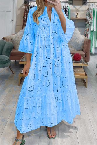Blue Casual Solid Hollowed Out V Neck A Line Dresses