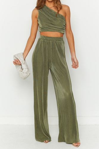 Green Sexy Simplicity Solid Oblique Collar Sleeveless Two Pieces