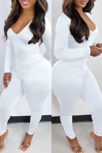 White Casual Solid Backless V Neck Skinny Jumpsuits