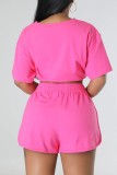 Pink Casual Solid Frenulum O Neck Short Sleeve Two Pieces