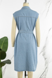 Medium Blue Casual Solid Patchwork With Belt Turndown Collar Sleeveless Regular Denim Dresses