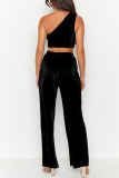 Black Sexy Simplicity Solid Oblique Collar Sleeveless Two Pieces