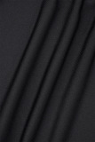 Black Casual Solid Draw String Frenulum Backless Oblique Collar Long Sleeve Dresses