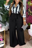 Black Casual Striped Print Patchwork Turndown Collar Plus Size Two Pieces