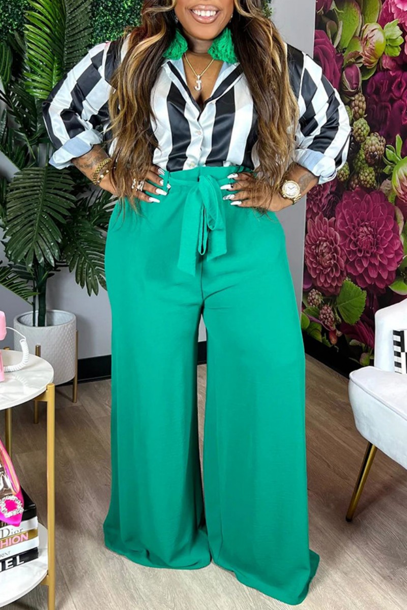 British Style Striped Print Patchwork Turndown Collar Nine Points Sleeve Two Pieces main image 1