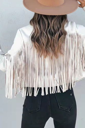 White Casual Solid Tassel Turndown Collar Outerwear