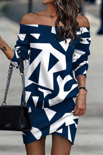 Blue Casual Print Patchwork Off the Shoulder Printed Dress Plus Size Dresses
