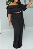 Black Casual Solid Backless Off the Shoulder Half Sleeve Two Pieces