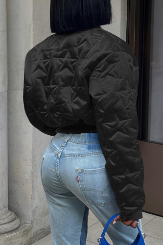 Black Casual Solid Patchwork Buttons Zipper Mandarin Collar Outerwear