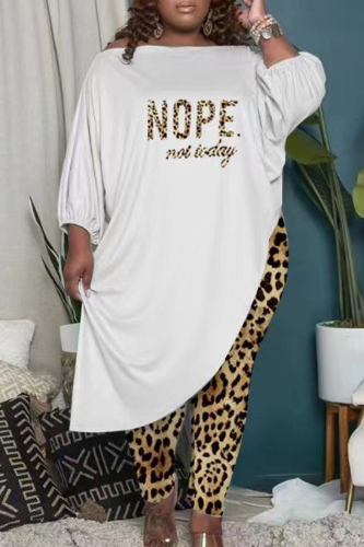 Leopard Print Plus Size Casual Print Patchwork Oblique Collar Plus Size Two Pieces