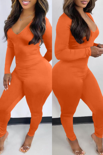 Orange Casual Solid Backless V Neck Skinny Jumpsuits