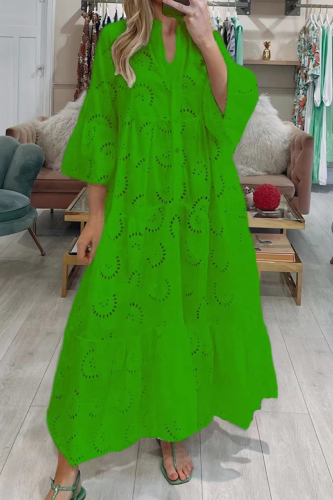 Green Casual Solid Hollowed Out V Neck A Line Dresses