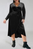 Coffee Casual Solid Frenulum V Neck Long Sleeve Plus Size Dresses