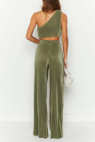 Green Sexy Simplicity Solid Oblique Collar Sleeveless Two Pieces