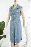 Light Blue Casual Solid Patchwork With Belt Turndown Collar Sleeveless Regular Denim Dresses
