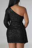 Black Sexy Celebrities Solid Sequins Patchwork One Shoulder Wrapped Skirt Dresses