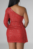 Red Sexy Celebrities Solid Sequins Patchwork One Shoulder Wrapped Skirt Dresses