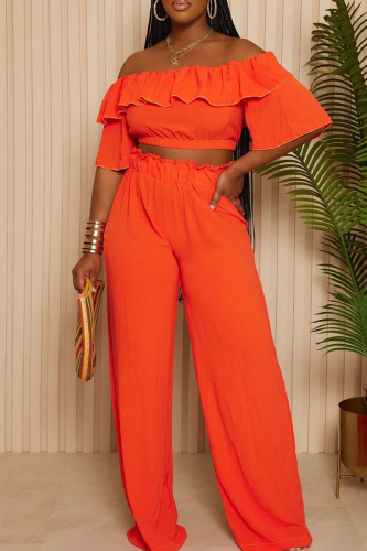 Orange Red Sweet Solid Patchwork Flounce Off the Shoulder Short Sleeve Two Pieces