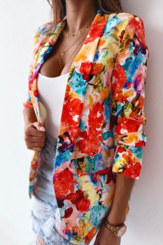 Orange Casual Print Patchwork Cardigan Turn-back Collar Outerwear