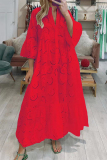Rose Red Casual Solid Hollowed Out V Neck A Line Dresses